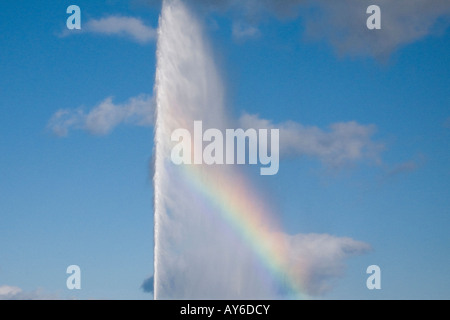 Fontaine haute crée en arc-en-ciel relevant de pulvérisation, le lac de Genève, Suisse Banque D'Images