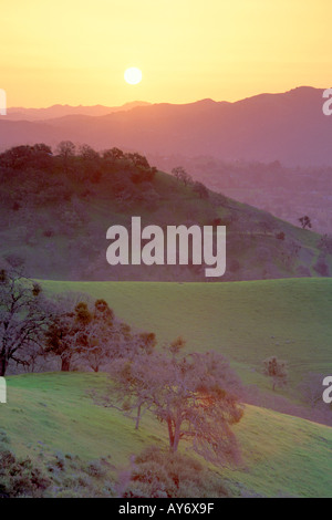 Soleil au-dessus de collines, de montagnes et de crêtes de chênes Banque D'Images