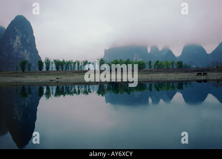 Rivière Lijiang sur un jour de janvier, dans la province de Guangxi, Chine Banque D'Images