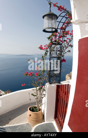 Vue sur l'île grecque de Santorin oia ove la mer de fleurs Banque D'Images