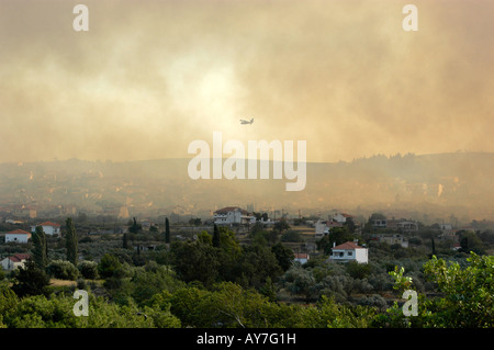 Forêt en Grèce le 08 juillet 2007 le feu sur l'île de Samos, dans la zone entre Mitilini et Égine. Banque D'Images