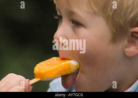 Quatre ans Boy Eating Ice Lolly Banque D'Images