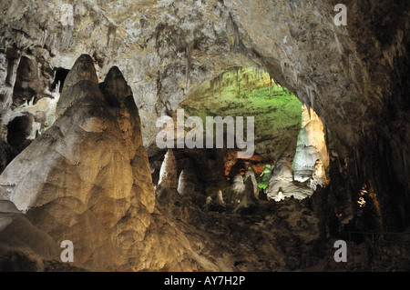 Stalagmites et stalactites dans la grande salle du Parc National de Carlsbad Caverns, Nouveau-Mexique, États-Unis. Banque D'Images