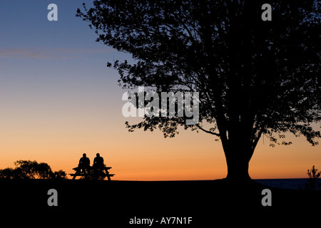 Deux jeunes hommes assis sur une table de pique-nique silhouetted against sky Banque D'Images