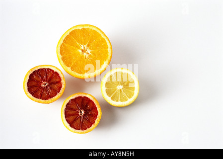 Orange en tranches, d'orange sanguine, et de citron, close-up