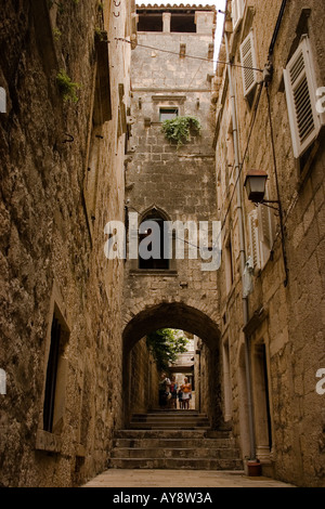 Vue arrière du Marco Polo situé dans la vieille ville fortifiée, port de Korcula, Croatie. Banque D'Images