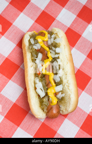 Un délicieux hot-dog grillé avec des oignons et du ketchup moutarde relish repose sur une table de pique-nique en attente d'être consommé Banque D'Images