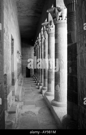 Image en noir et blanc d'une colonade dans le Temple d'Isis, sur l'île de Philae, près de Assouan en Egypte Banque D'Images