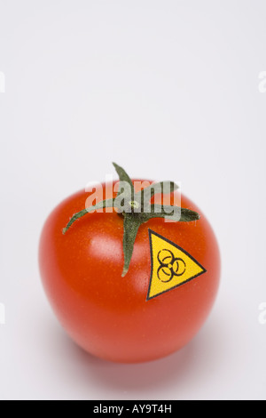 Signe de danger biologique sur les aliments manipulés génétiques symbole de tomate Banque D'Images