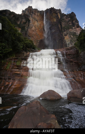 Vue unique depuis la base de la plus haute chute d'eau du monde - Angel Falls dans la forêt tropicale du Venezuela Banque D'Images