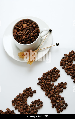 Porcelaine blanche tasse remplie de café grains de café à côté écrit avec café en grains Close up Studio shot Banque D'Images