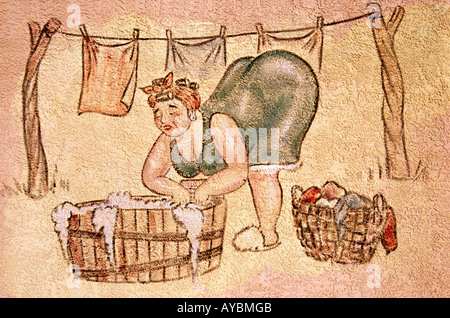 Peinture murale sur un drôle de blanchisserie en subventions, Nouveau Mexique. Banque D'Images