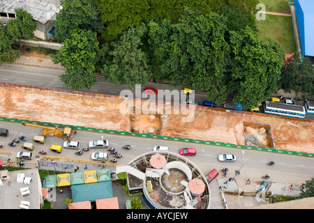 Les travaux routiers et la construction de métro vu du dessus dans la ville de Bangalore Inde Banque D'Images
