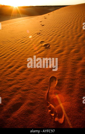 Empreintes de pieds du tourisme dans les dunes de sable de l'Erg Chebbi salon désert du Sahara Maroc Banque D'Images