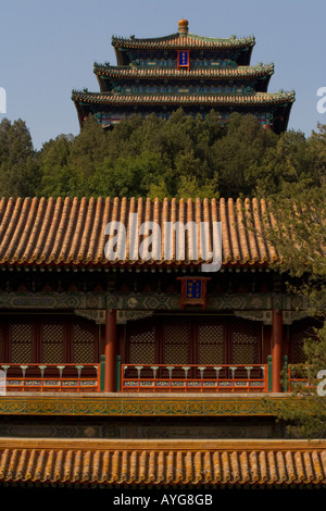 Sur la colline de la pagode dans Parc Jingshan donnant sur la Cité Interdite, Beijing Chine Banque D'Images