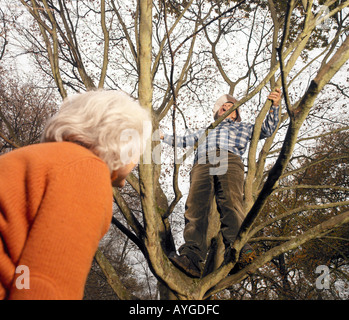 Des hommes âgés ayant un arbre surveillées par des femmes âgées de moins de Banque D'Images