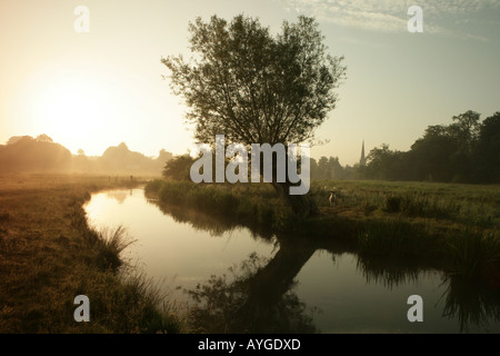 Brume matinale sur la rivière Windrush dans la région des Cotswolds près de Burford Banque D'Images