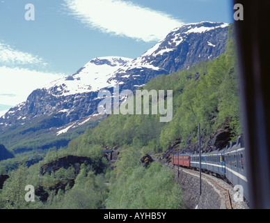 En train De Flåm Flåmsdalen en route vers Myrdal, Chemin de fer de Flåm, Sogn og Fjordane, en Norvège. Banque D'Images