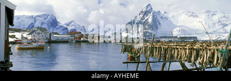 Séchage de poisson stock sur des supports avec des bateaux de pêche au village de Hamnoy sur l'île de Moskenes Lofotens dans le Nord de la Norvège Banque D'Images