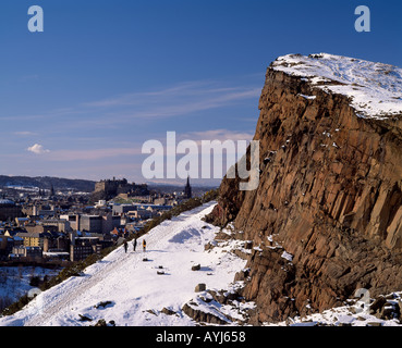 Parc de Holyrood, Édimbourg, Écosse, Royaume-Uni. Vue de Salisbury Crags et toits de la ville. Les promeneurs sur la route Radical Banque D'Images