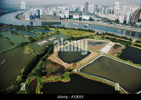 Vue aérienne d'étangs du poisson dans la réserve naturelle de Mai Po. La ville de Shenzhen Chine en arrière-plan. Hong Kong Banque D'Images