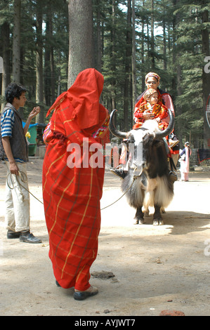 Une architecture de style pagode en bois les touristes locaux équitation un yak en vêtements traditionnels Banque D'Images