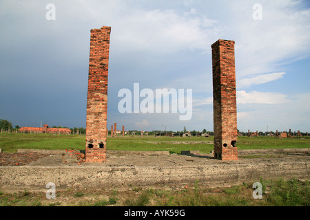 Cheminées double dans un bloc de cuisine en ruine à l'ancien camp de concentration Nazi à Auschwitz Birkenau Banque D'Images