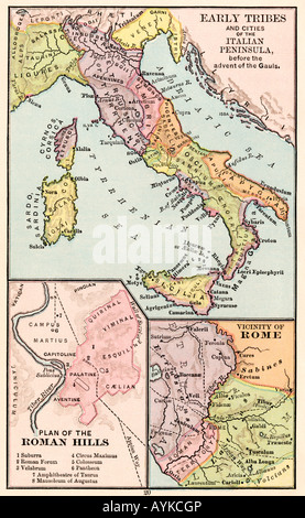 Carte des premières tribus dans l'Italie et des collines romaines et aux environs de l'ancienne Rome. Lithographie couleur Banque D'Images