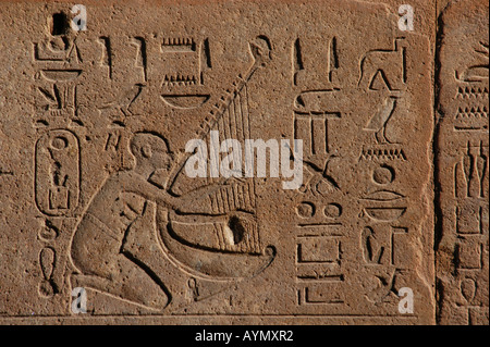 Musicien égyptien par un bas-relief de la chapelle rouge d'Hatchepsout à Karnak Temple près de Louxor (Thèbes), Égypte Banque D'Images