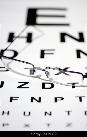 Paire de lunettes avec un œil graphique de test de Snellen Banque D'Images