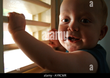 Portrait de huit mois baby boy looking through blinds Banque D'Images