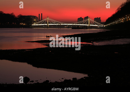 Albert Bridge peu après le coucher du soleil, le feu-rouge ciel vu à partir de la banque de la Thames, Chelsea Embankment, London, England, UK Banque D'Images