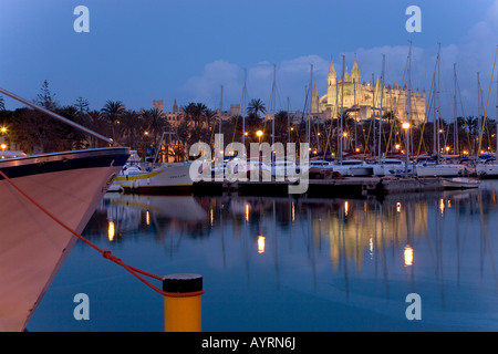 Bateaux de pêche dans le port au crépuscule et à la Seu Cathedral (retour), Palma, Majorque, Îles Baléares, Espagne Banque D'Images