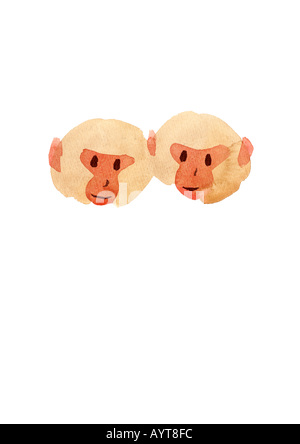 Aquarelle illustration de deux visages de singes Banque D'Images