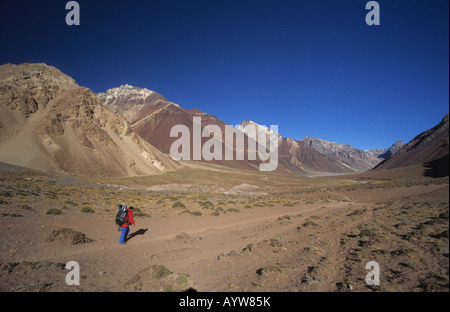 Trekker dans la vallée du Haut Horcones, parc provincial d'Aconcagua, province de Mendoza, Argentine Banque D'Images