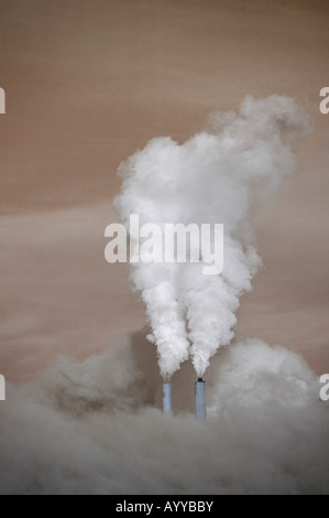 Entouré d'un brouillard brun, une centrale électrique au charbon émet de la vapeur de l'usine à partir de ses deux cheminées. Banque D'Images