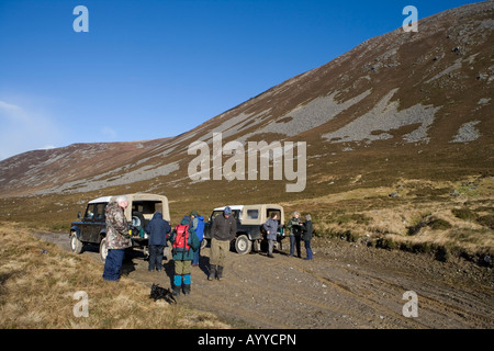 Vous pourrez photographier red deer avoir pause thé sur la piste de montagne avec Land Rover, Alladale Estate, Ecosse Banque D'Images