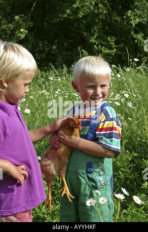 Deux enfants avec hen Banque D'Images