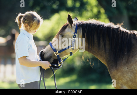 Fille de nourrir un cheval (Equus caballus) à partir d'un godet en plastique Banque D'Images