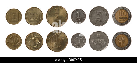 Nouveau shekel israélien coins isolated on white Banque D'Images