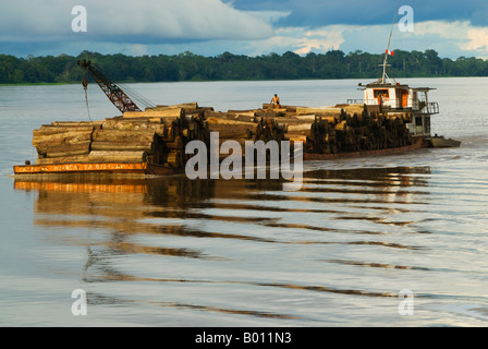 Pérou, Amazon, Amazon River. Riverboat apporte du bois coupé de la forêt amazonienne, en remontant le fleuve à Iquitos. Banque D'Images
