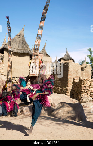 Mali, Pays Dogon, Tereli. Un danseur masqué portant les quinze mètres de haut masque Sirige saute en l'air dans un village Dogon. Banque D'Images