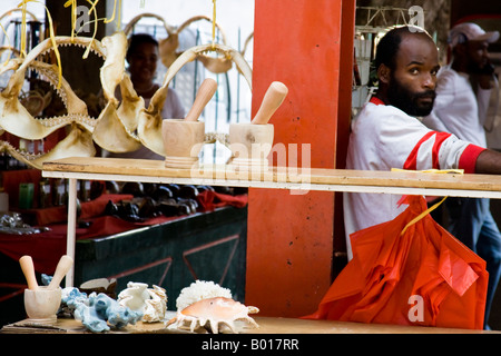 Mâchoires de requins illégales à la vente avec le vendeur au marché en Afrique Seychelles Banque D'Images