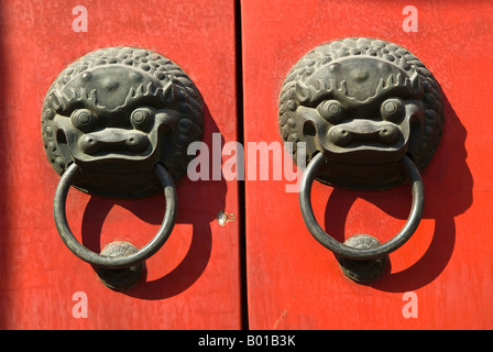 Lion heurtoirs de porte en laiton, Temple du Bouddha de Jade, Shanghai, Chine Banque D'Images