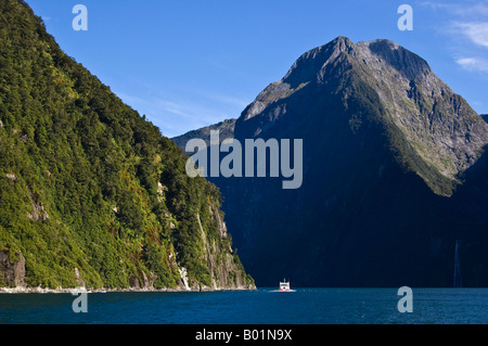Voile sous les falaises sur le Milford Sound, Nouvelle Zélande Banque D'Images