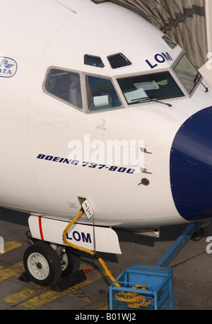 La compagnie aérienne Boeing 737 et la partie nasale close up detail du poste de pilotage à l'aéroport gate pier Banque D'Images