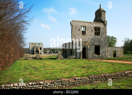 Ruine de l'entrée avec les ruines du château principal à l'arrière du château, près de Baconsthorpe Holt, Norfolk, Royaume-Uni. Banque D'Images