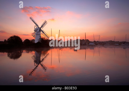 Thurne Moulin photographié sur un matin brumeux de palourdes au lever du soleil sur le parc national de Norfolk Broads. Banque D'Images