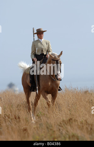 Spanische Reiterin Cavalier femme cheval Espagne Garrocha Banque D'Images