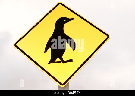 Inscrivez-avertissement de penguin Crossing sur la route, côte ouest, île du Sud, Nouvelle-Zélande Banque D'Images